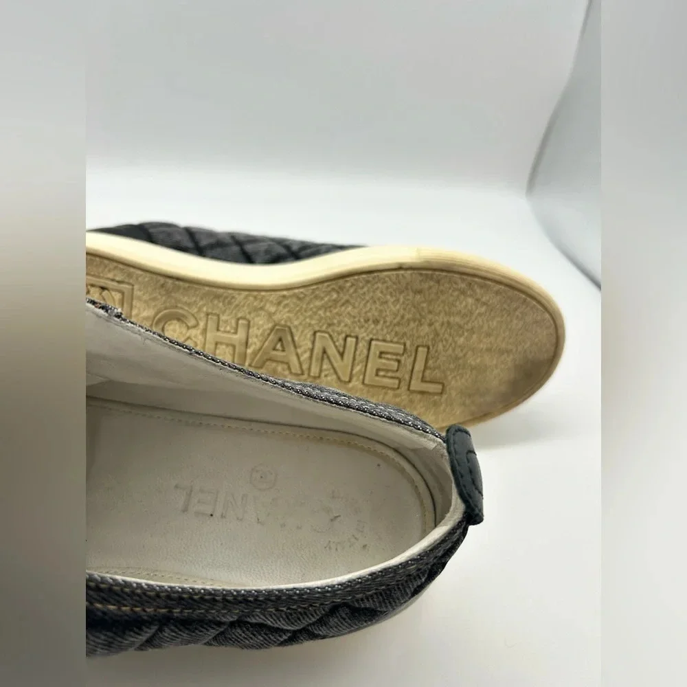 Chanel quilted denim leather lined low top sneakers shoes authentic 38